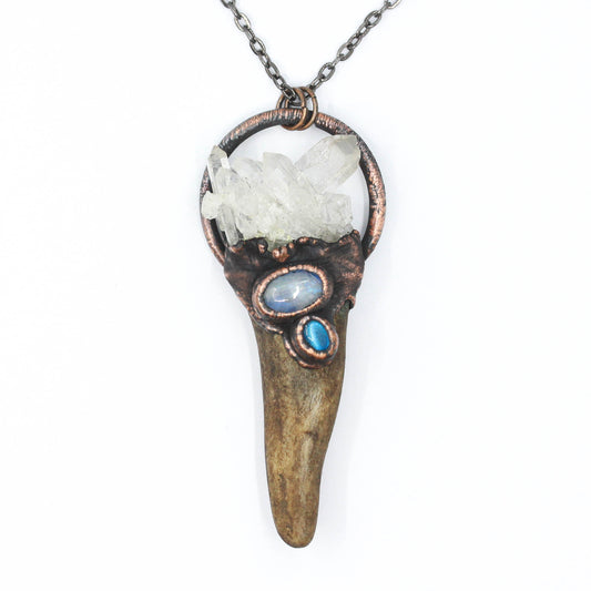 Small Deer Antler, Quartz & Moonstone Necklace