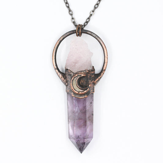 Amethyst, Rose Quartz & Abalone Moon Necklace