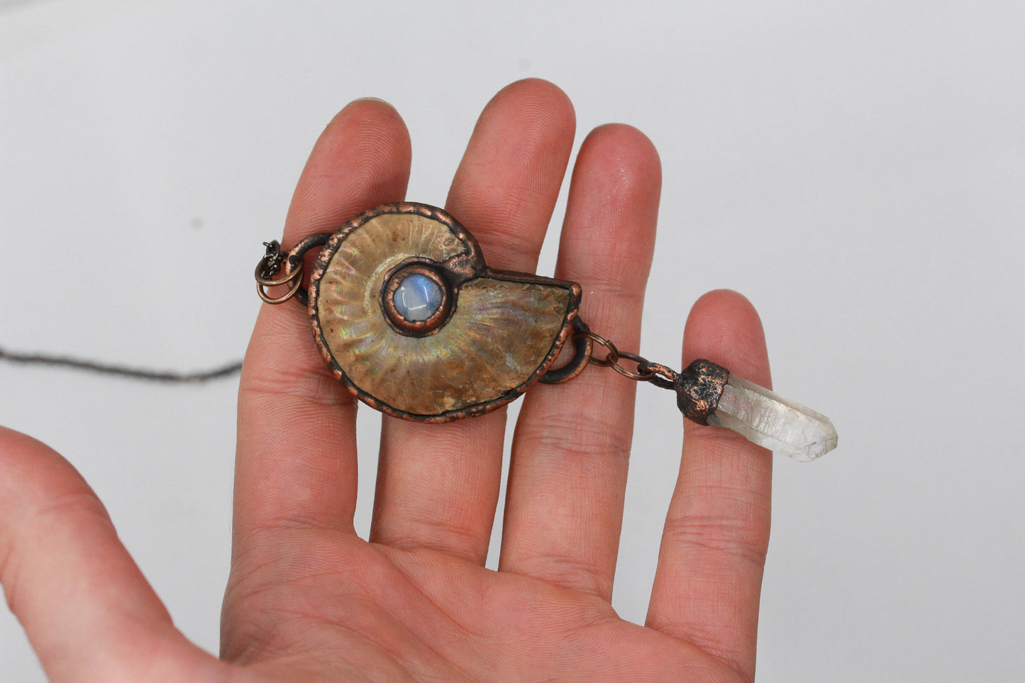 Opalised Ammonite, Moonstone & Quartz Necklace