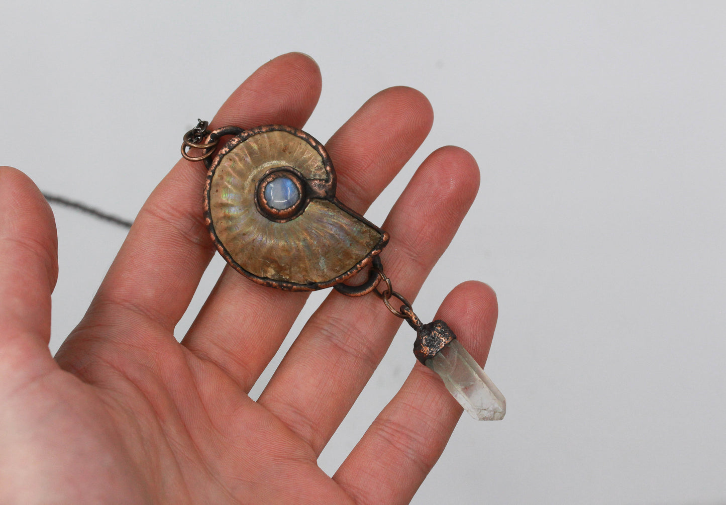 Opalised Ammonite, Moonstone & Quartz Necklace