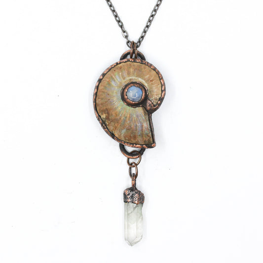 Opalised Ammonite, Moonstone & Quartz Necklace