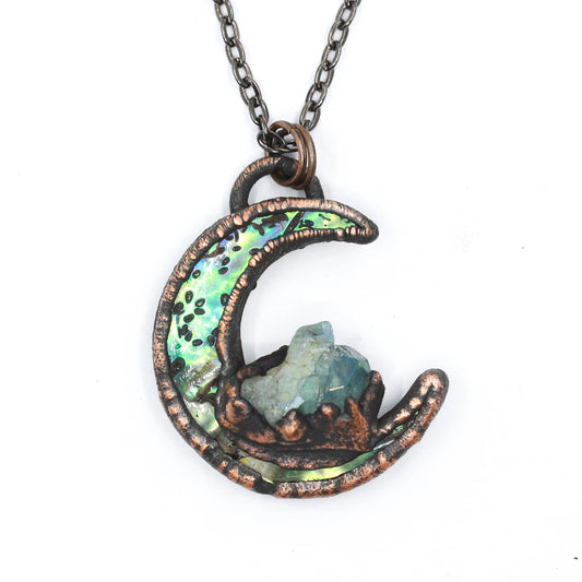 Abalone Shell & Aqua Aura Quartz Moon Necklace