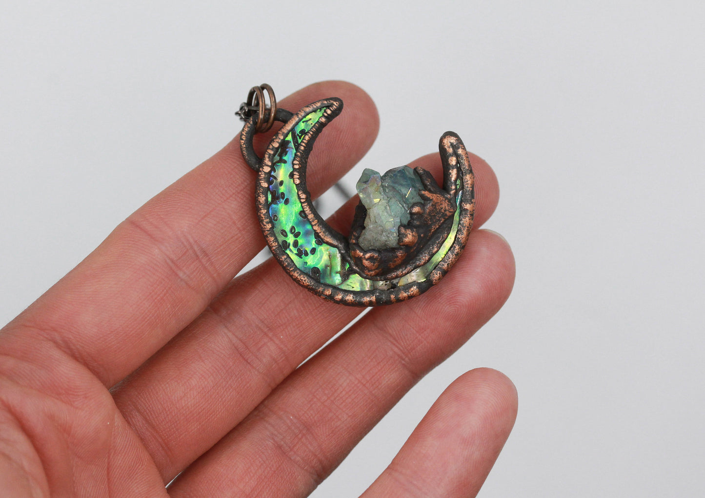 Abalone Shell & Aqua Aura Quartz Moon Necklace