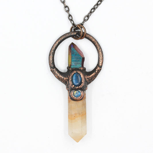 Orange Calcite, Titanium Aura Quartz & Labradorite Necklace