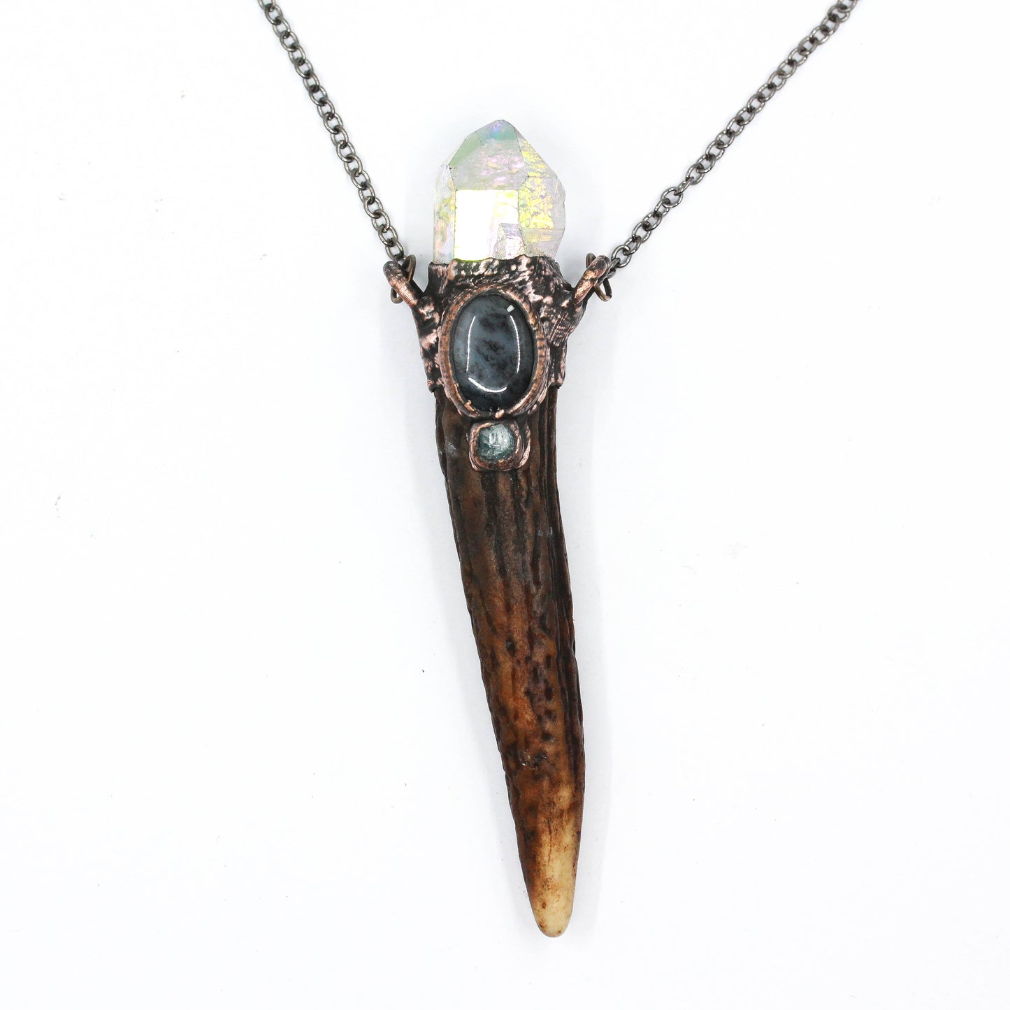 Deer Antler, Angel Aura Quartz & Dendritic Agate Necklace