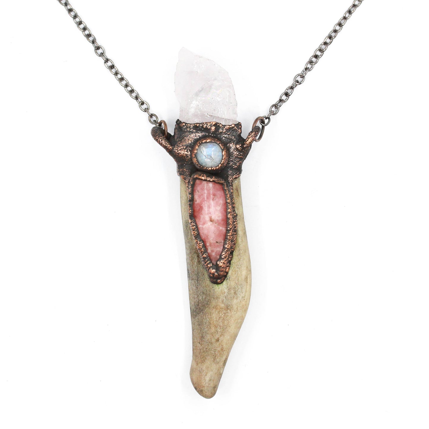 Deer Antler, Rose Quartz & Rhodochrosite Necklace