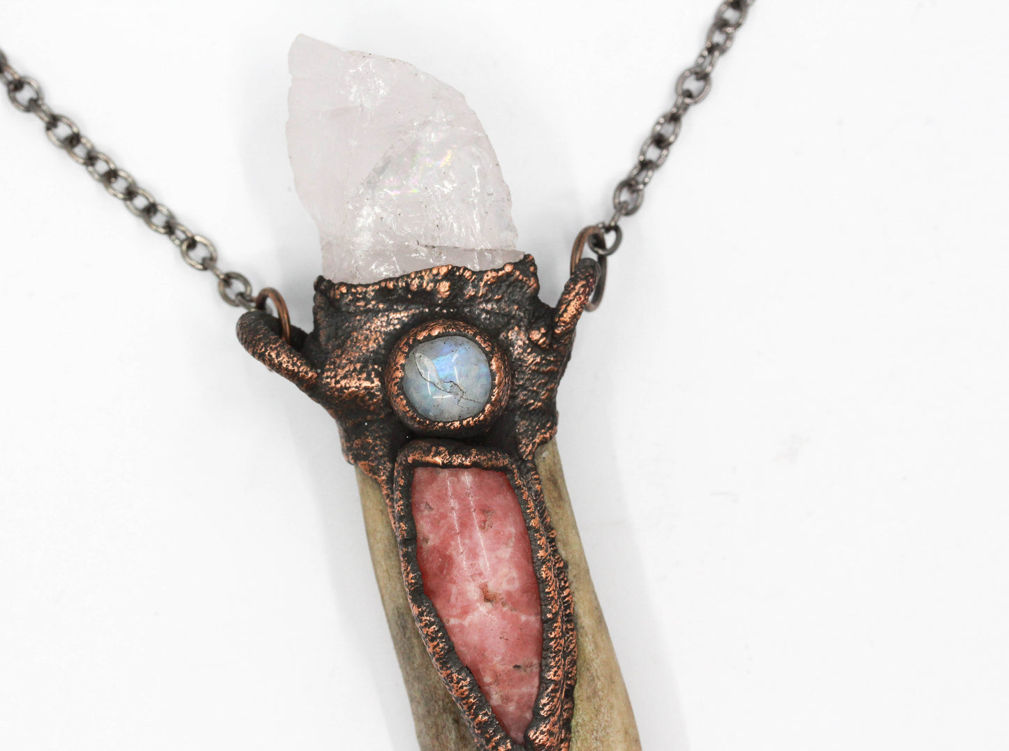 Deer Antler, Rose Quartz & Rhodochrosite Necklace