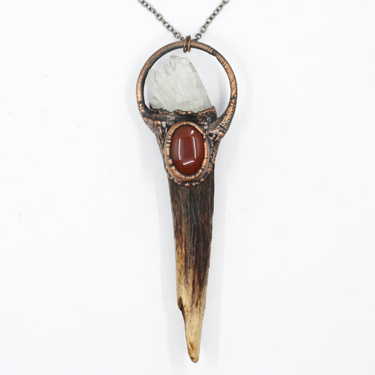 Deer Antler, Quartz & Carnelian Necklace