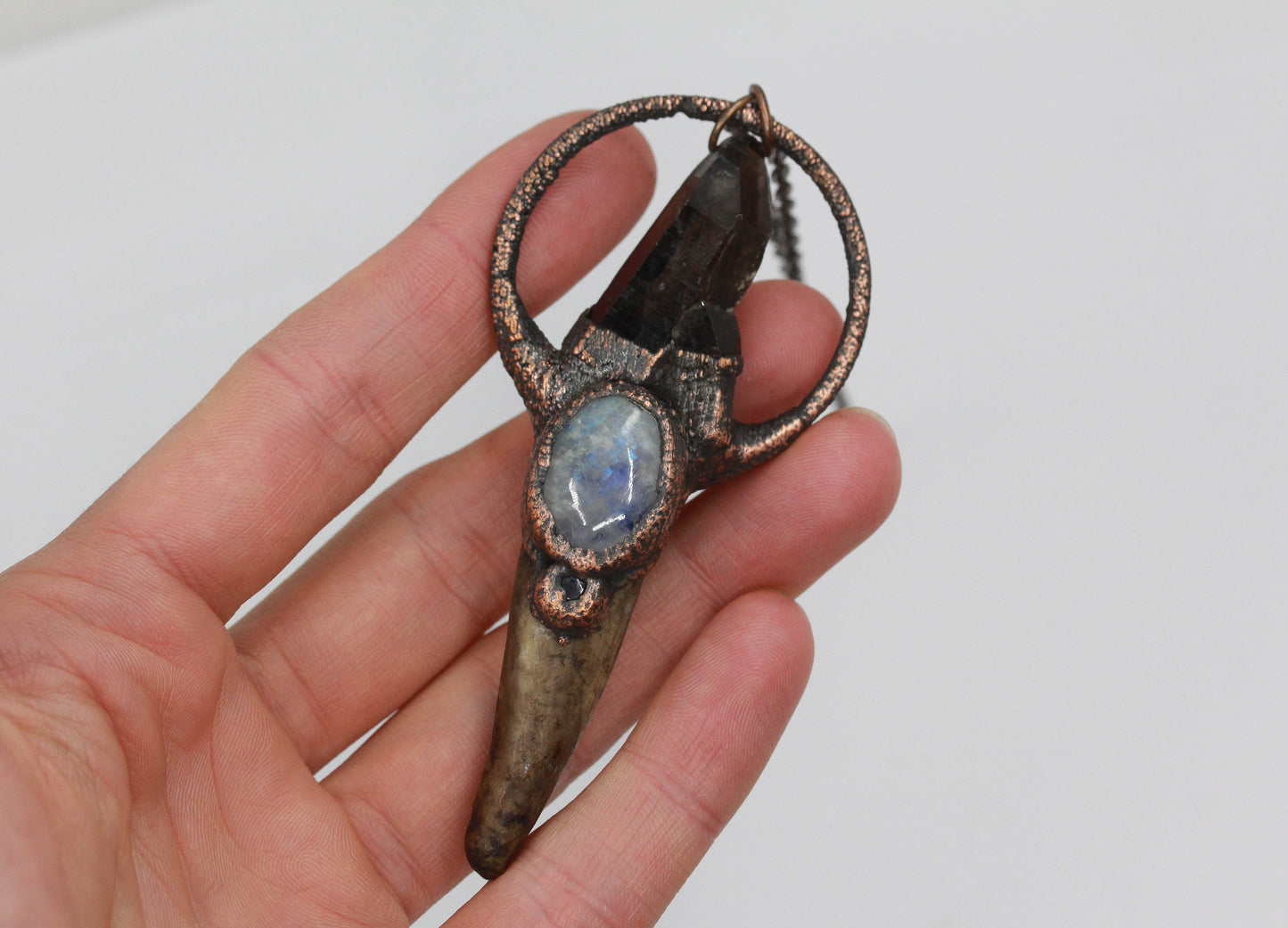 Small Deer Antler, Smoky Quartz & Moonstone Necklace