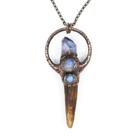 Small Deer Antler, Tanzan Aura Quartz & Moonstone Necklace