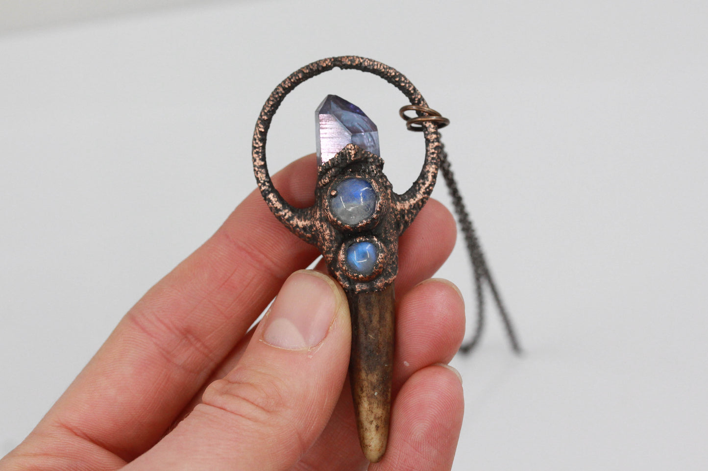 Small Deer Antler, Tanzan Aura Quartz & Moonstone Necklace