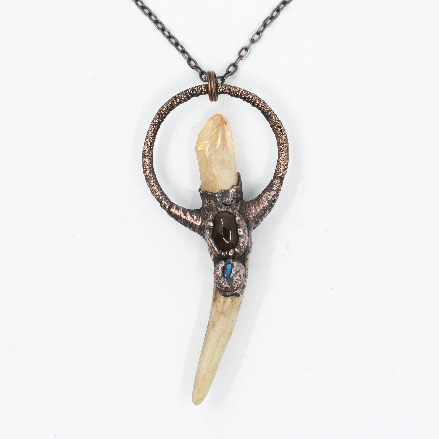 Small Deer Antler, Sunset Aura Quartz & Smoky Quartz Necklace