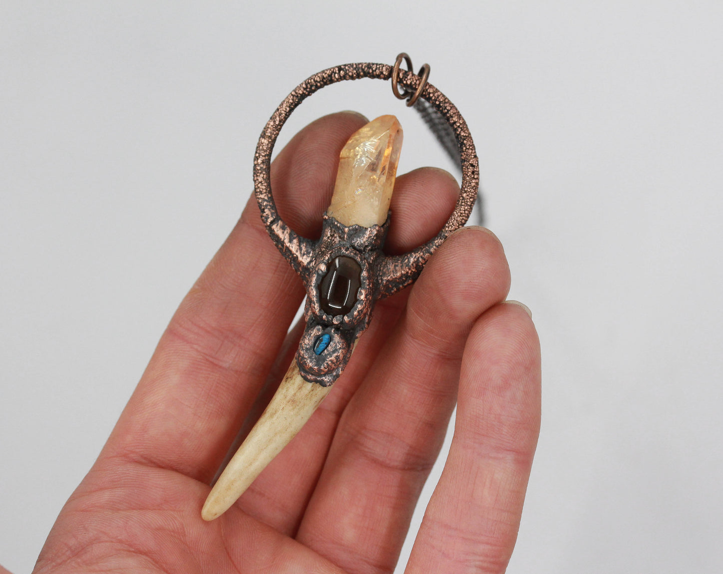 Small Deer Antler, Sunset Aura Quartz & Smoky Quartz Necklace