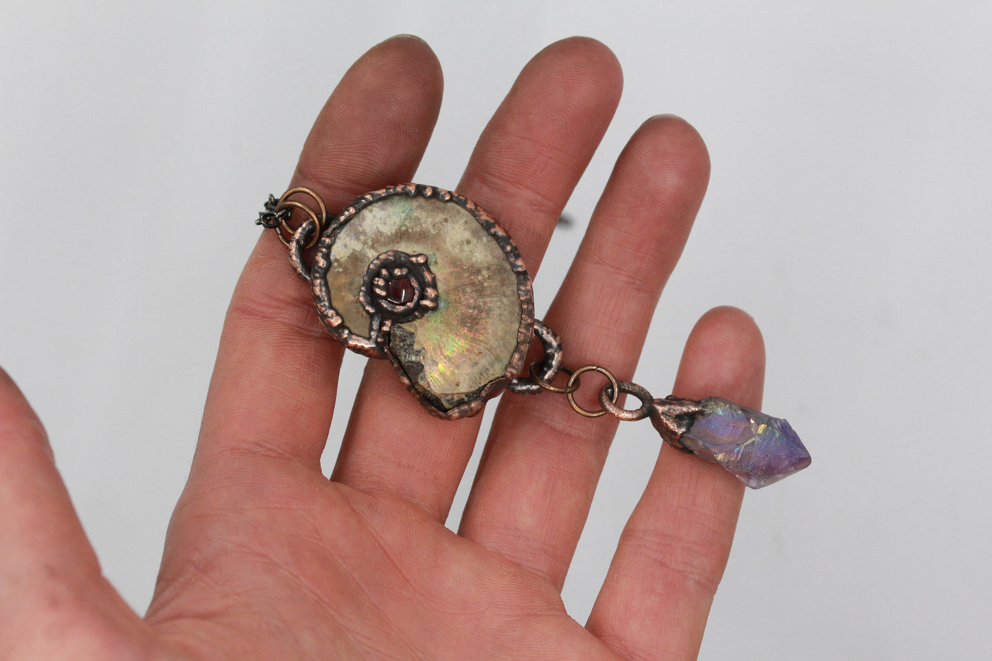 Opalised Ammonite & Aura Amethyst Necklace