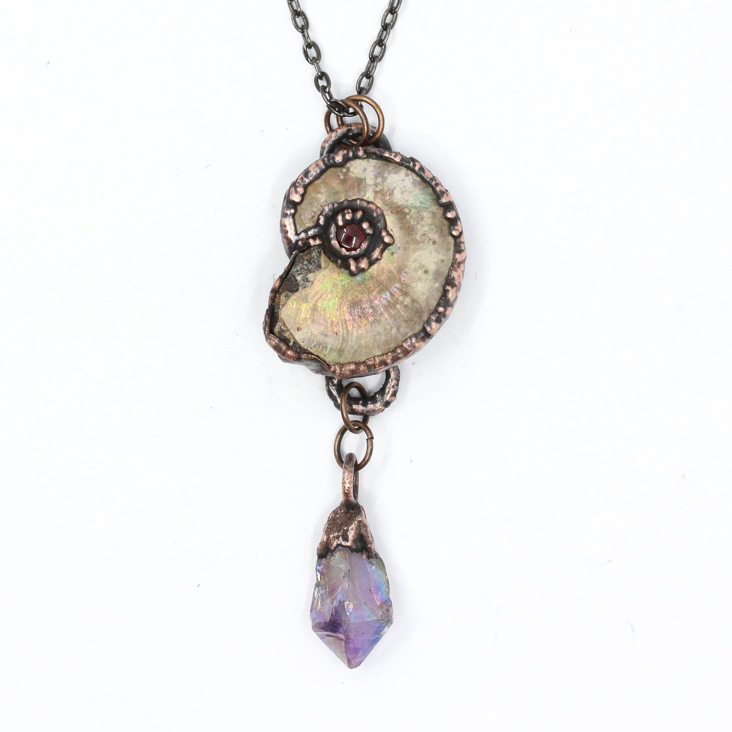 Opalised Ammonite & Aura Amethyst Necklace