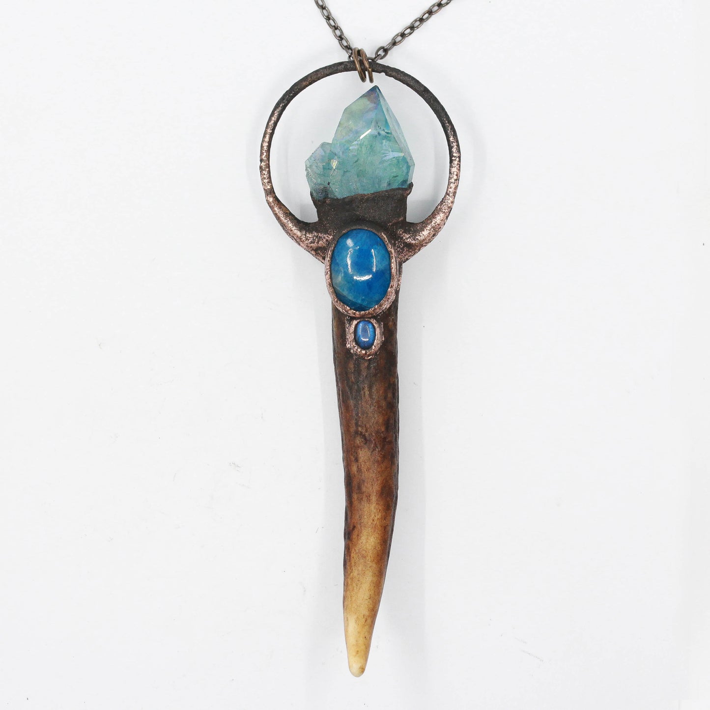 Deer Antler Tip, Aqua Aura Quartz & Apatite Necklace