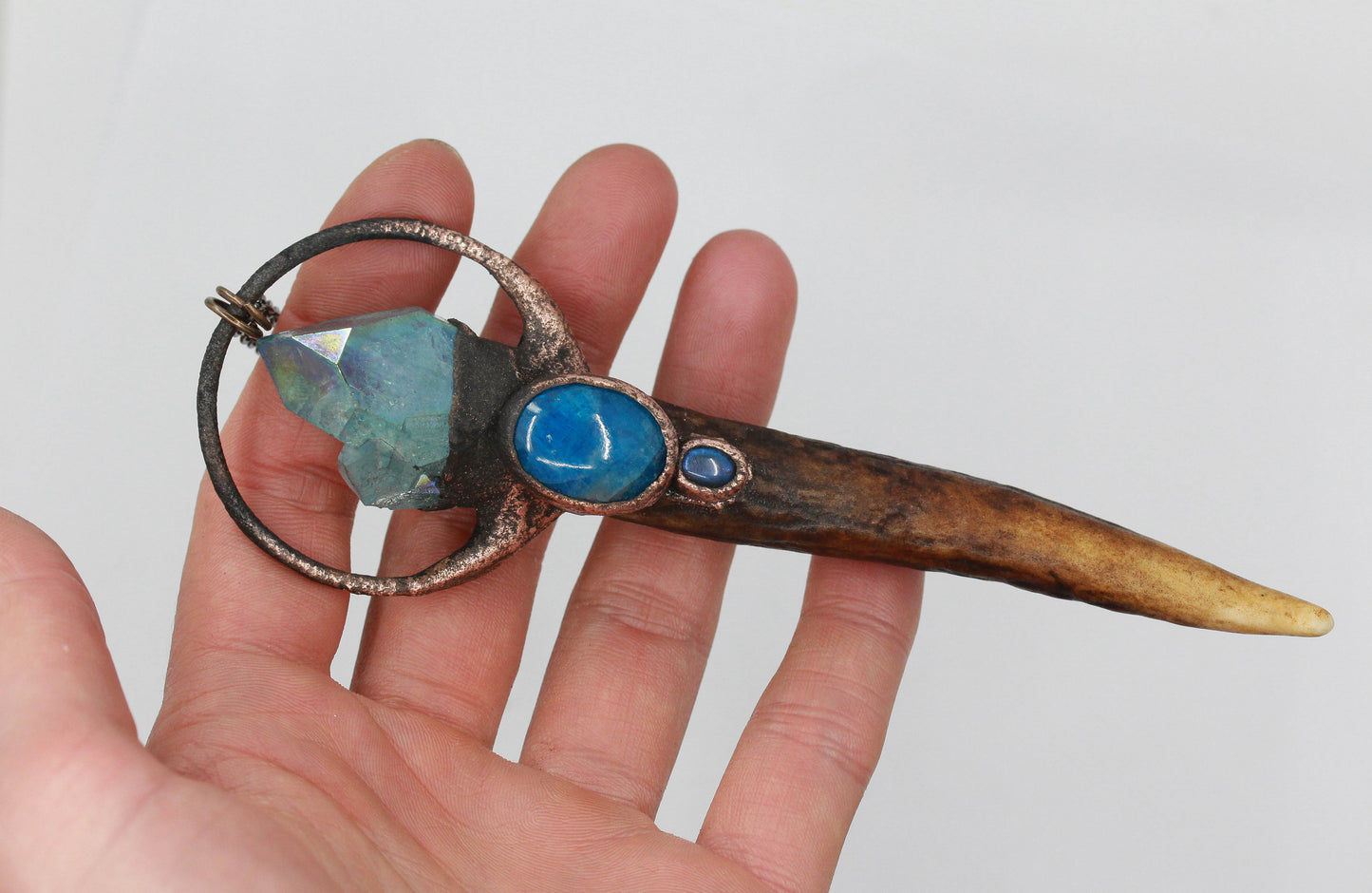 Deer Antler Tip, Aqua Aura Quartz & Apatite Necklace