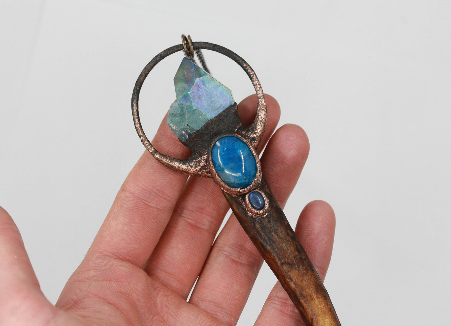 Deer Antler Tip, Aqua Aura Quartz & Apatite Necklace