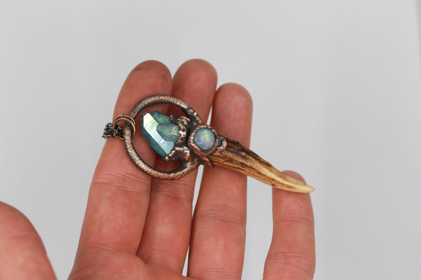 Small Deer Antler, Aqua Aura Quartz & Moonstone Necklace