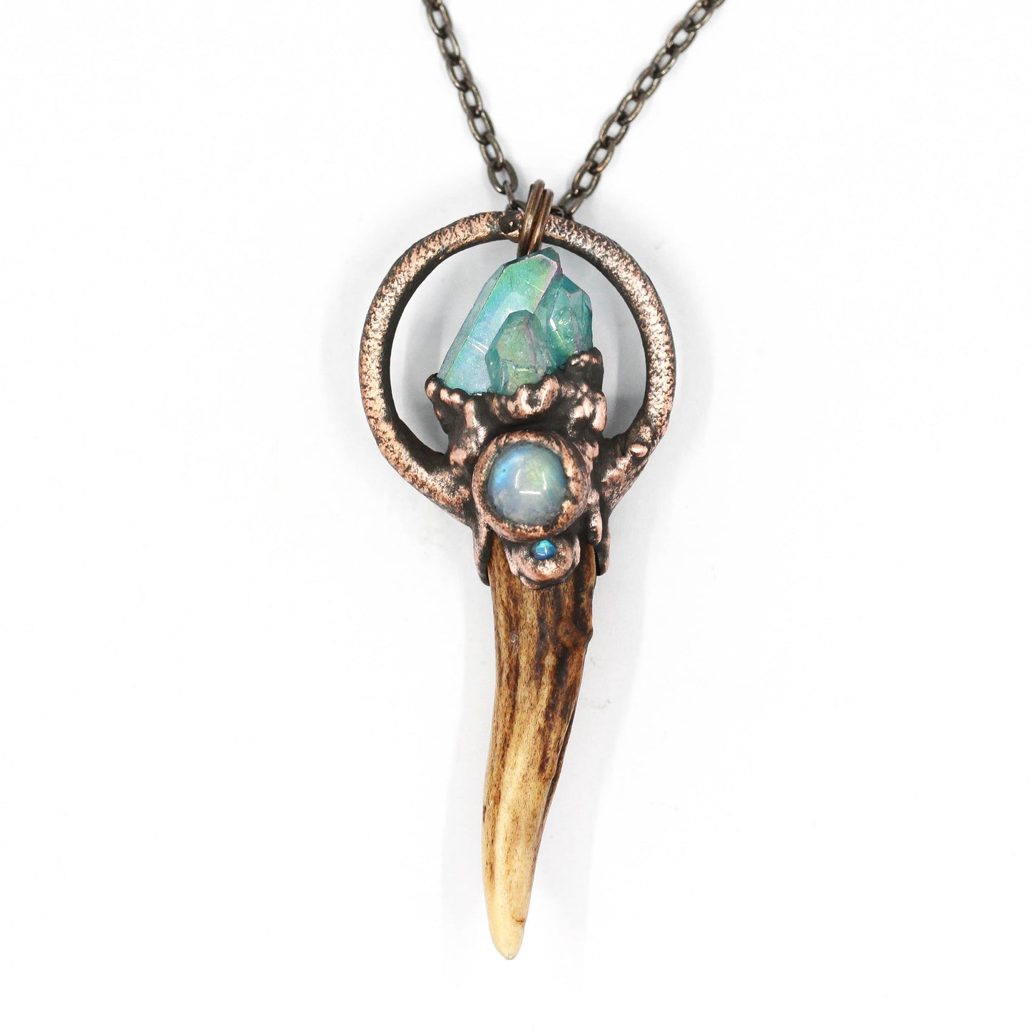 Small Deer Antler, Aqua Aura Quartz & Moonstone Necklace