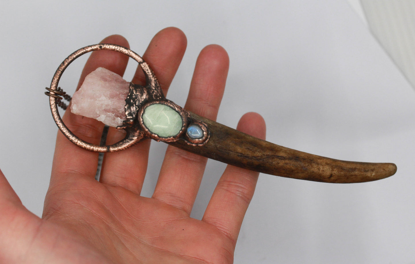 Large Deer Antler, Rose Quartz & Aquamarine Necklace