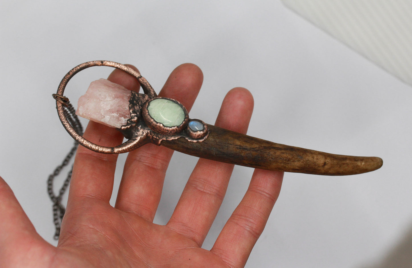 Large Deer Antler, Rose Quartz & Aquamarine Necklace