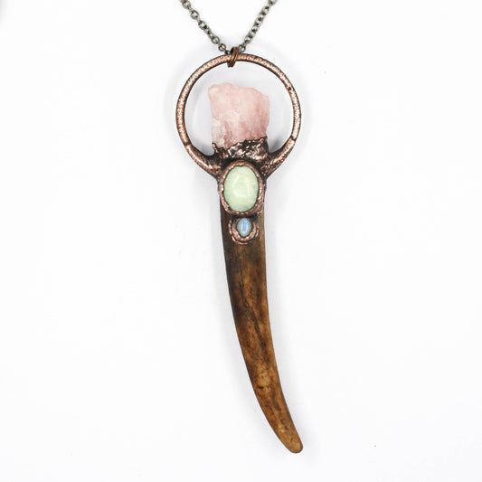 Large Deer Antler, Rose Quartz & Aquamarine Necklace