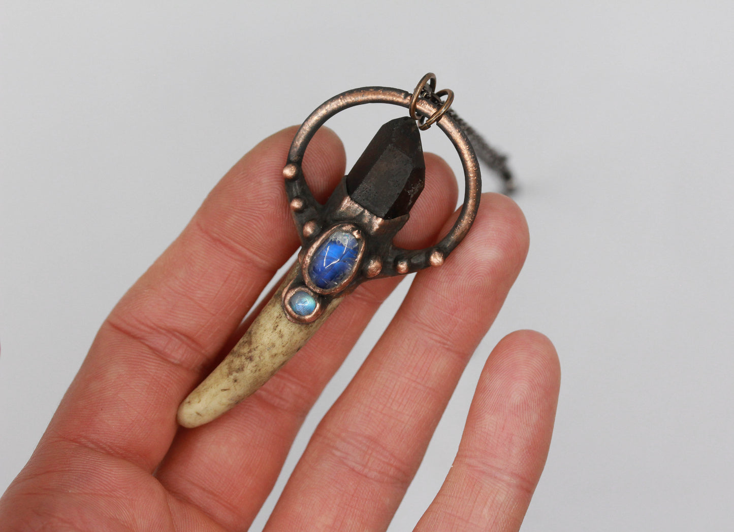 Small Deer Antler, Smoky Quartz & Moonstone Necklace