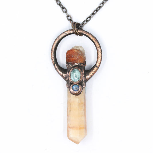 Orange Calcite, Sunstone & Aquamarine Necklace